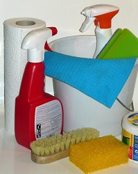Das Bild zeigt Reinigungsmittel um das Bad zu putzen