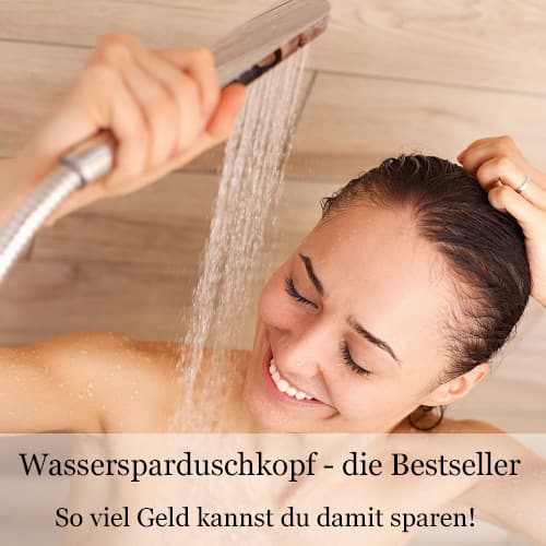 Das Bild zeigt eine Frau mit einem wassersparenden Duschkopf